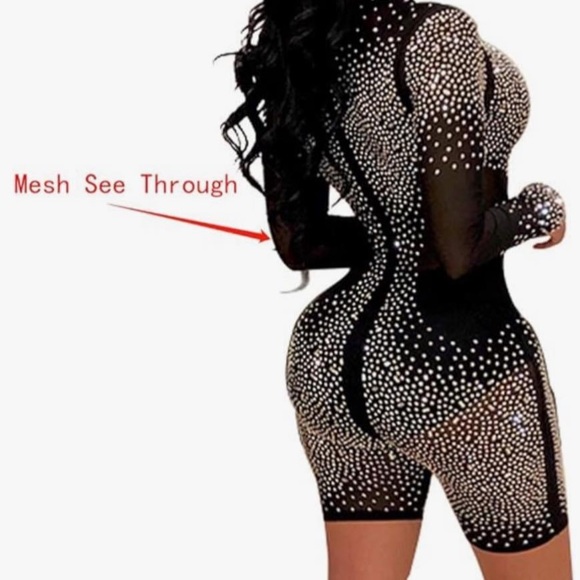 Women’s long sleeve, biker short, 1 piece sheer bodysuit with rhinestones - Picture 13 of 16